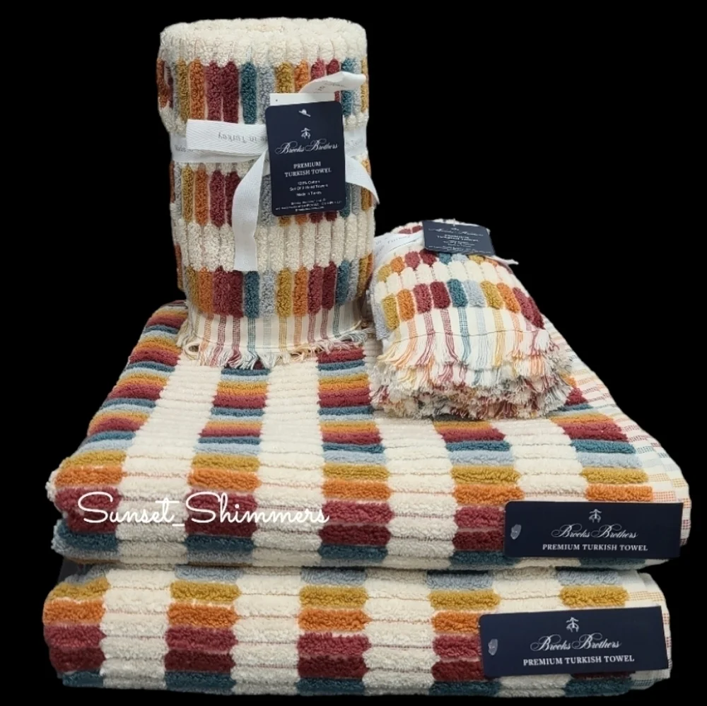 6pc BROOKS BROTHERS Fall Mosaic Tile Rainbow THICK PLUSH TURKISH Towel Set New